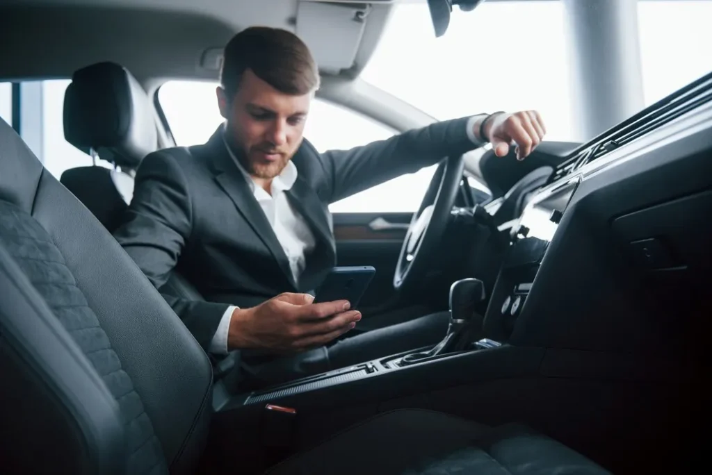 time stop take break modern businessman trying his new car automobile salon 146671 16708